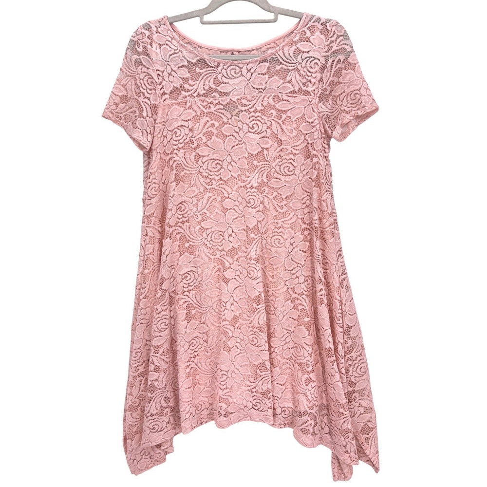 Roz & Ali Pink Lace Handkerchief Hem Dress Petite M Short Sleeve Floral Lined